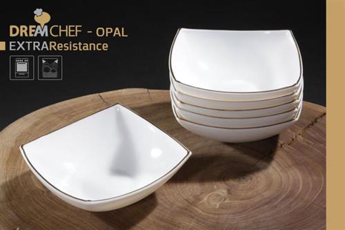 כלי שולחן OPAL מרובע עם פס דקורטיבי – קערית מרובעת פס זהב 14×4 ס"מ לבן