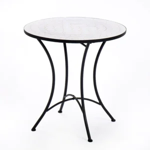 שולחן גן עשוי פסיפס בצבע לבן ורגלי מתכת שחורות