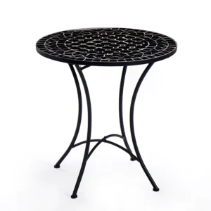 שולחן גן עשוי פסיפס בגווני שחור לבן ורגלי מתכת שחורות