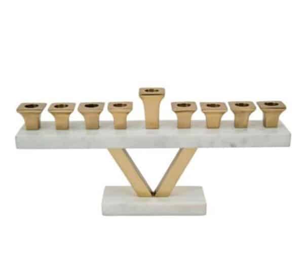 חנוכיה עשויה שיש לבן ושילוב BRASS זהב יוקרתי 37X20X2.5 ס"מ